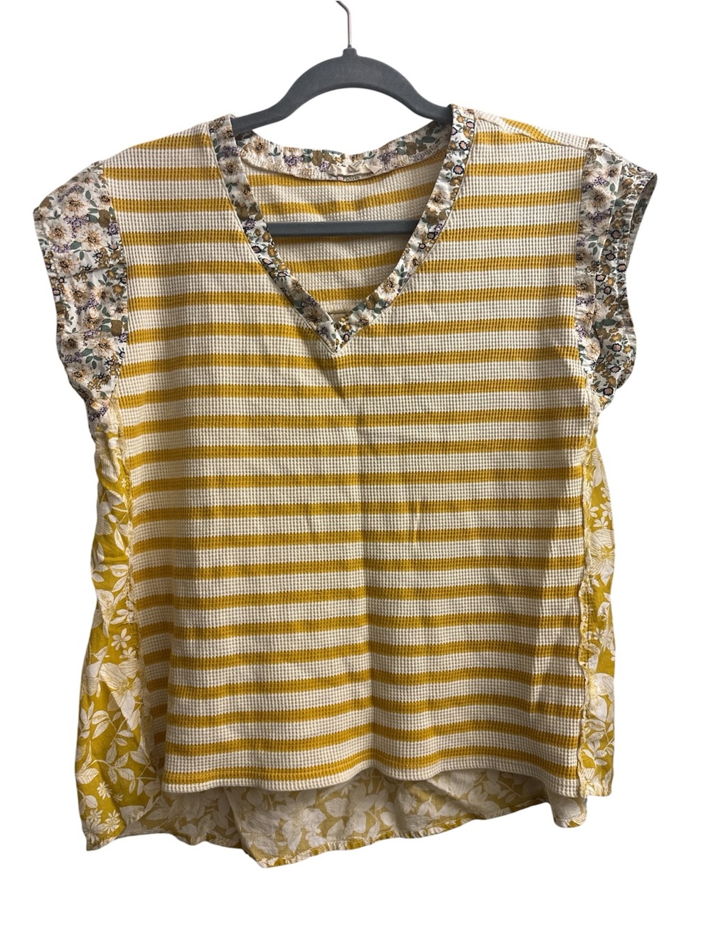 easel Yellow & White Striped Short Sleeve V-Neck Top with Floral Trim